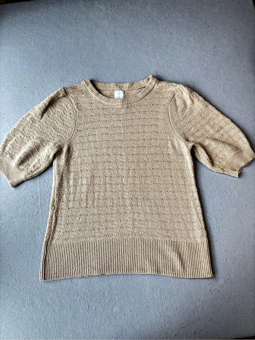 joie Pointelle Knit Short Sleeve Sweater in Beige Sz Large